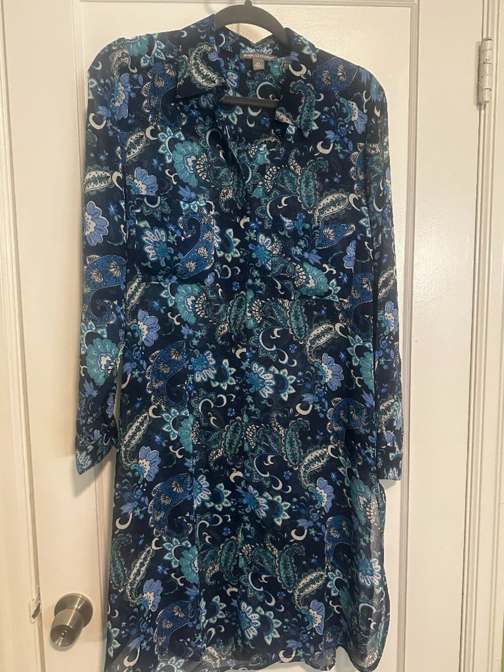 Sheer Jessica London Blue Paisley Long Sleeve Shirt Dress - Size 16W